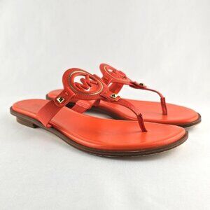 Michael Kors MK Women's Aubrey Cutout Orange Leather T-Strap Flat Sandal Sz 8.5M